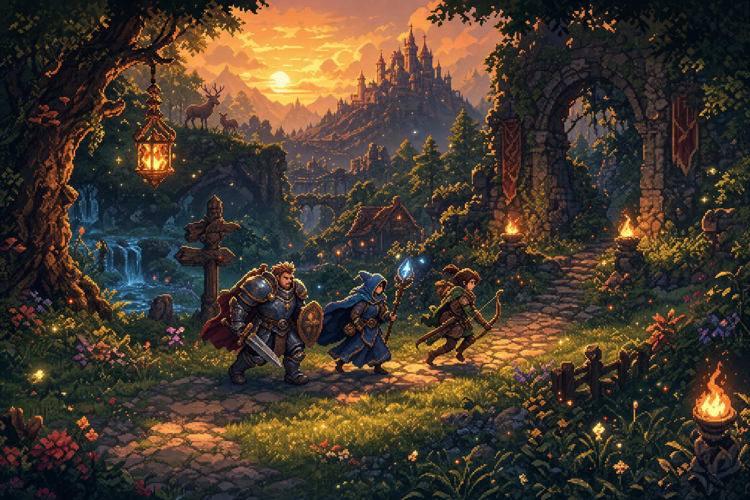 A party of three adventurers — a knight, a mage and an archer — crossing a sunlit forest clearing, with torches, ruins and a distant castle: a game scene made entirely of Spriteoven art